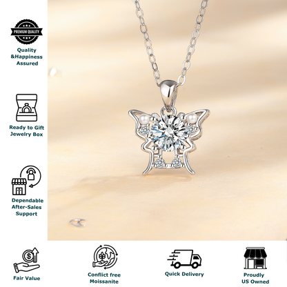 Moissanite Butterfly Pendant Necklace for Women, 1 Carat Moissanite in Center with Pearl Detail