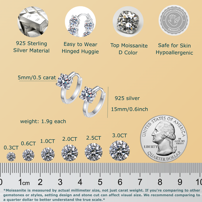 1 Carat D Color Moissanite Hoop Earrings for Women