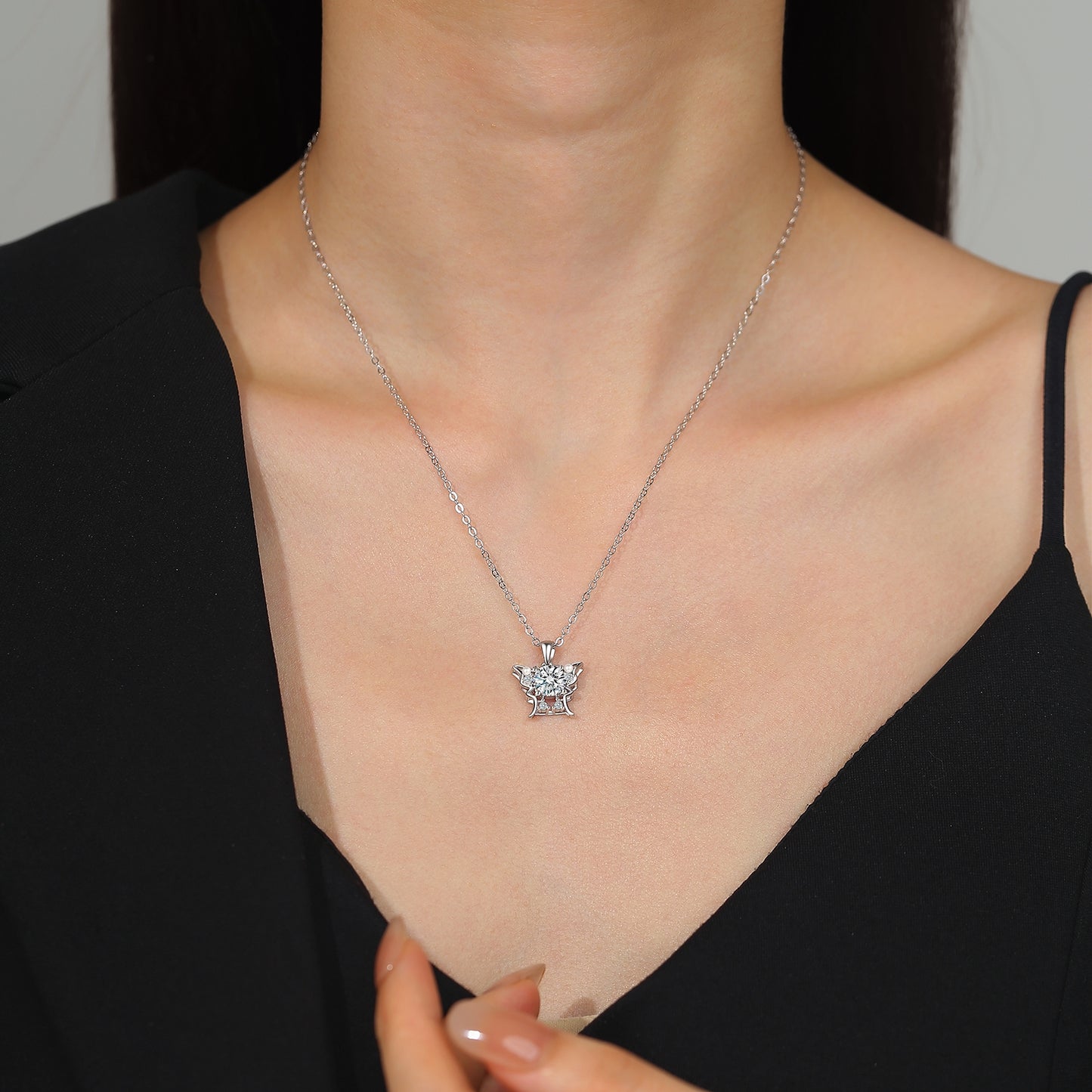 Moissanite Butterfly Pendant Necklace for Women, 1 Carat Moissanite in Center with Pearl Detail