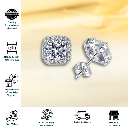 1 Carat Each Halo Moissanite Stud Earrings for Women and Men