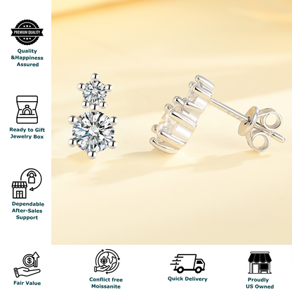 Moissanite Stud Earrings for Women 2-Stone Graduated 0.6ct & 0.3ct Prong Design