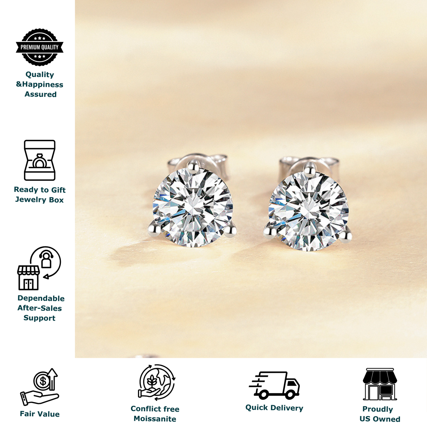 Moissanite Solitaire Stud Earrings for Women Men, 3 Prong 1 Carat Moissanite Stone, Simple Design, 925 Sterling Silver, Easy On & Off Ball Screw Back