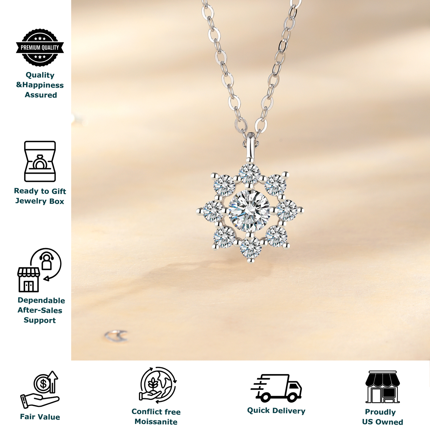Moissanite Sunflower Pendant Necklace for Women, 1 Carat Moissanite Stone