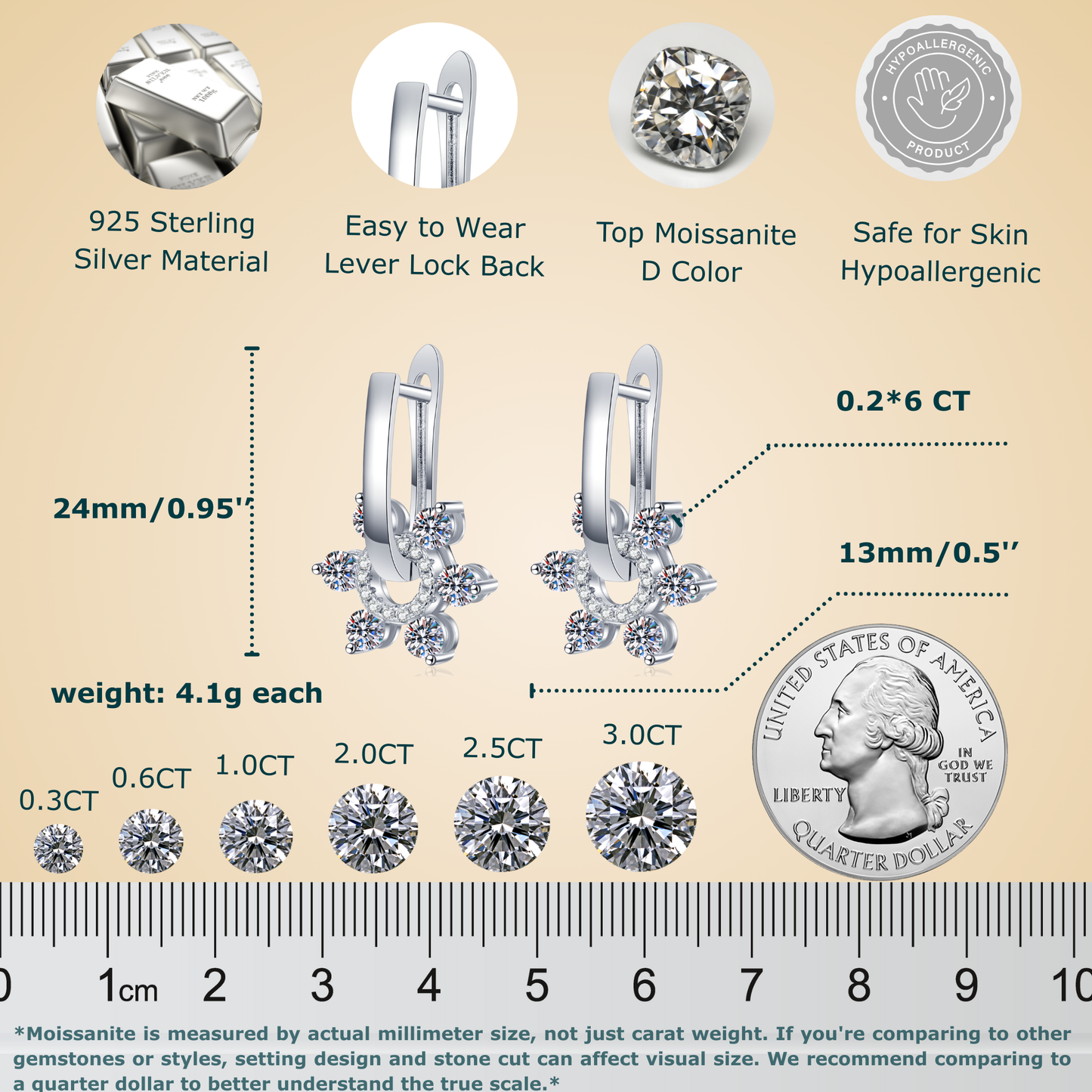 Callalove Moissanite Huggie Hoop Earrings for Women 1-2 Carat Dangle Design with Pavé Accents