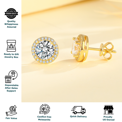 Callalove Gold Moissanite Stud Earrings for Women Men, 1ct*2 Halo Solitaire
