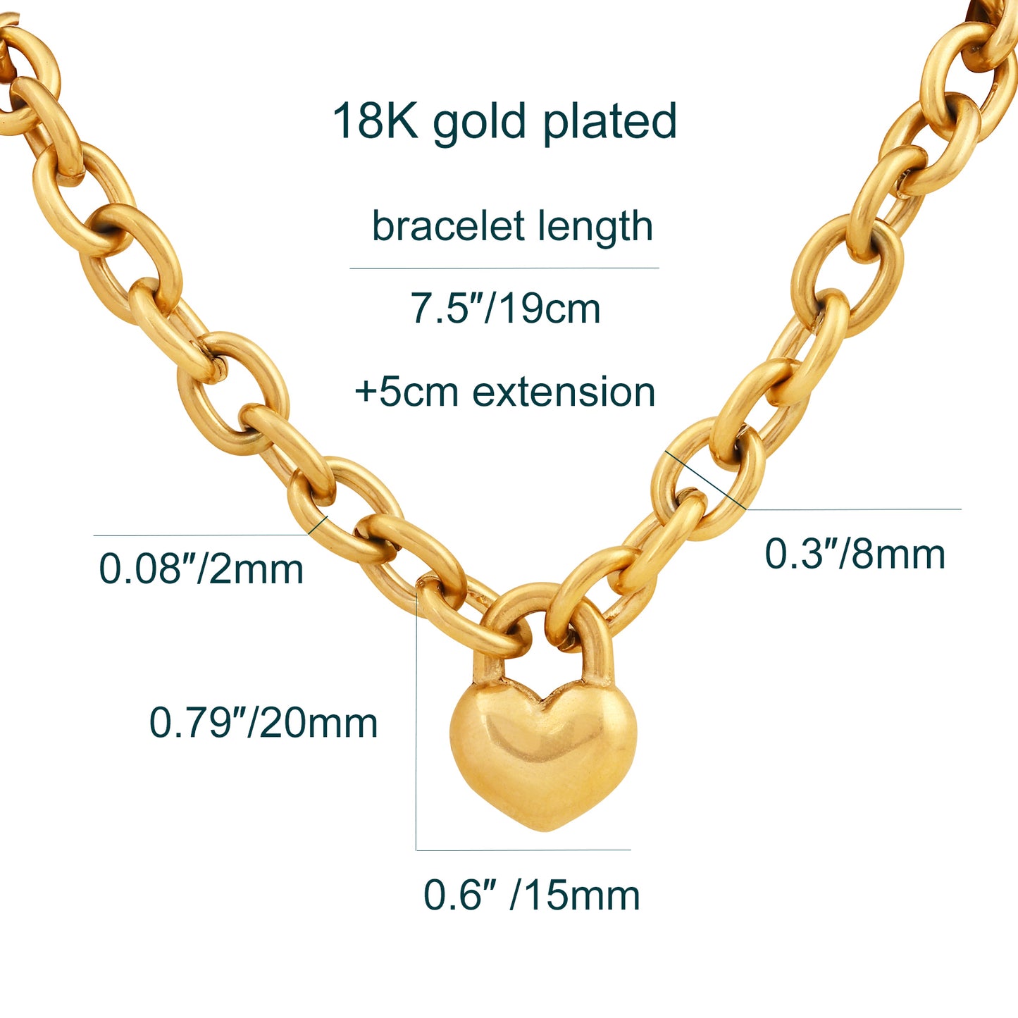 18K Gold Plated Solid Heart Pendant Necklace Bracelet Earring Set