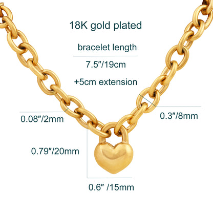 18K Gold Plated Solid Heart Pendant Necklace Bracelet Earring Set