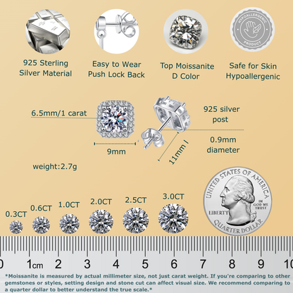 1 Carat Each Halo Moissanite Stud Earrings for Women and Men