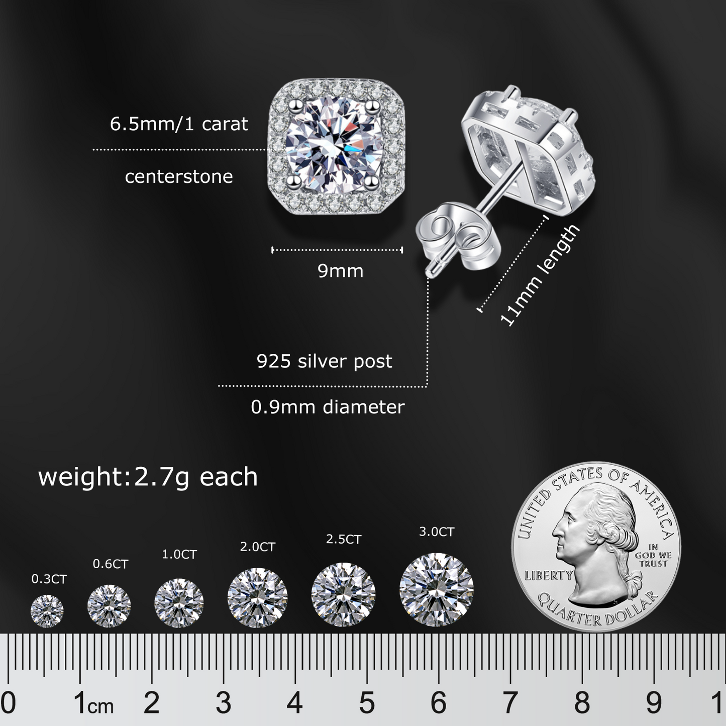 1 Carat Each Halo Moissanite Stud Earrings for Women and Men