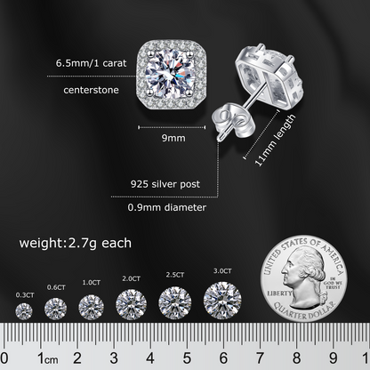 1 Carat Each Halo Moissanite Stud Earrings for Women and Men