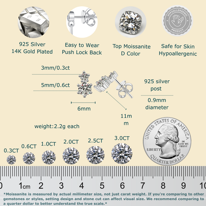 Moissanite Stud Earrings for Women 2-Stone Graduated 0.6ct & 0.3ct Prong Design
