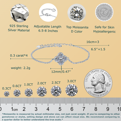 Moissanite Bracelet for Women Adjustable Sterling Silver Chain 6.5-8''