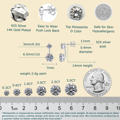 Moissanite Stud Earrings for Women Men, 2-Stone Graduated 1ct & 0.3ct Bar Setting Design