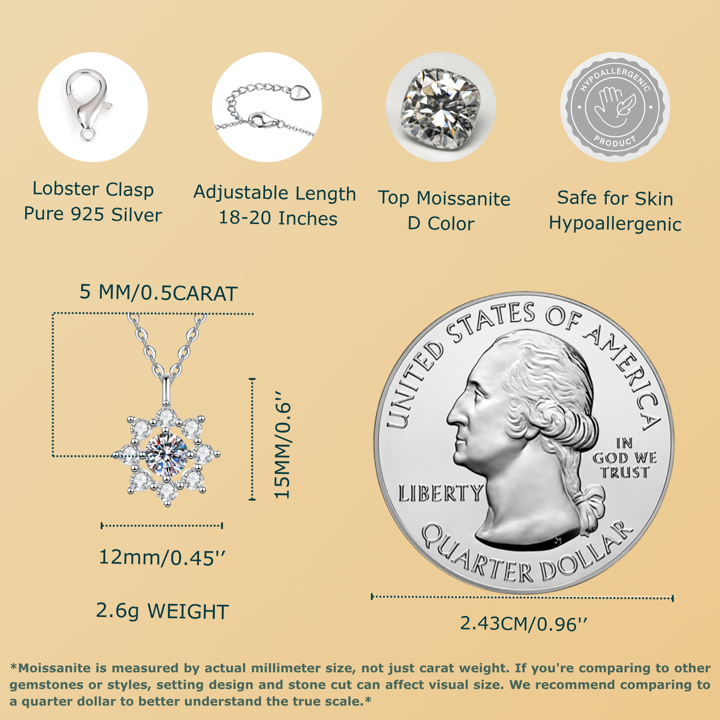 Moissanite Sunflower Pendant Necklace for Women, 1 Carat Moissanite Stone