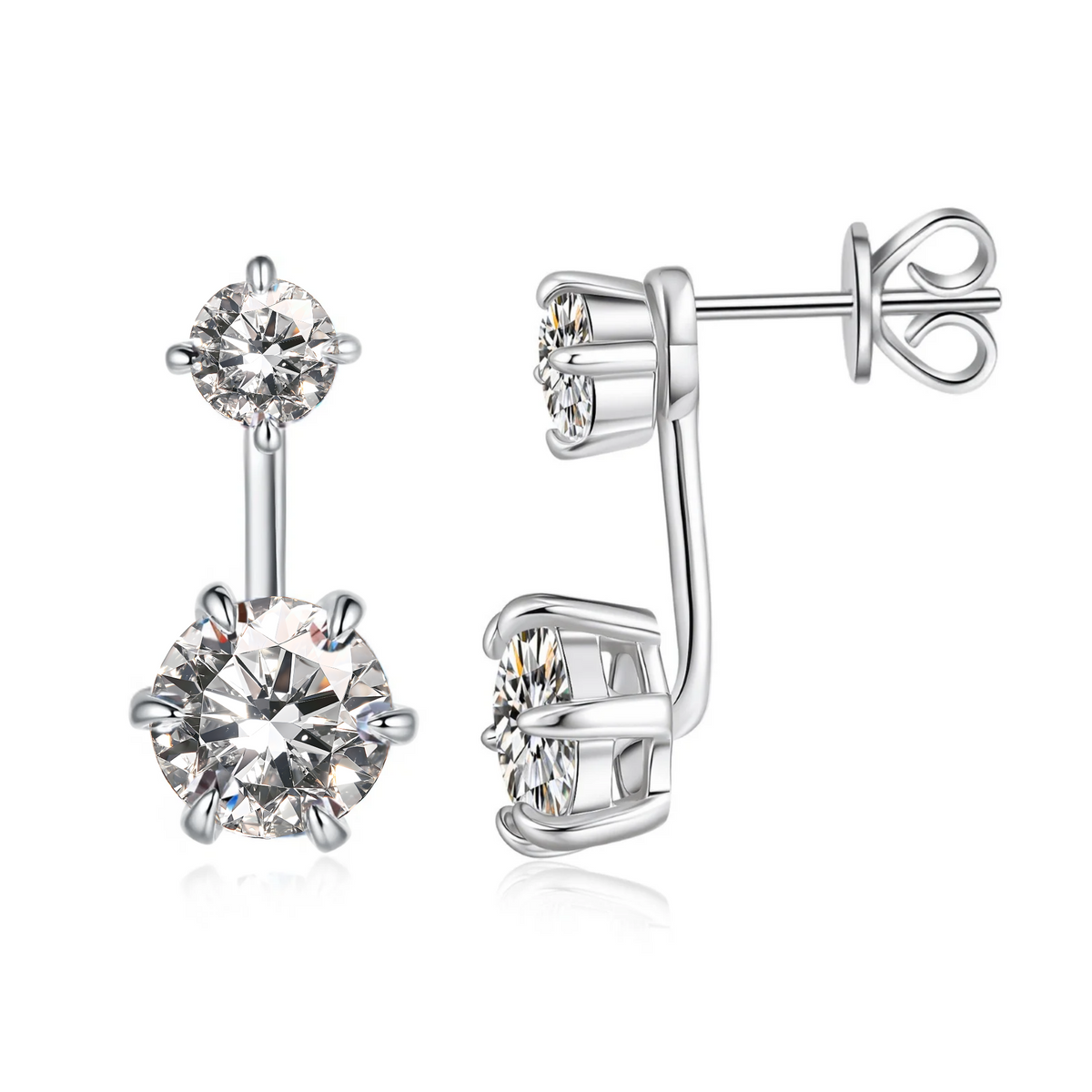Moissanite Stud Earrings for Women Men, 2-Stone Graduated 1ct & 0.3ct Bar Setting Design