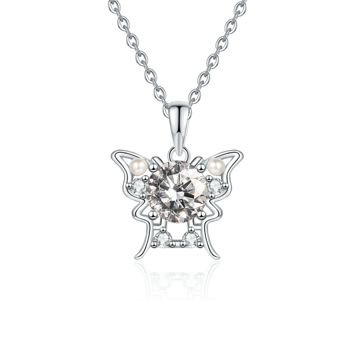 Moissanite Butterfly Pendant Necklace for Women, 1 Carat Moissanite in Center with Pearl Detail