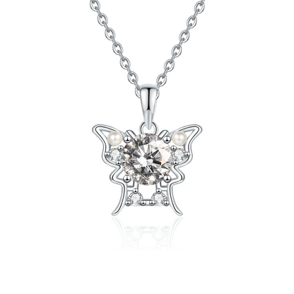 Moissanite Butterfly Pendant Necklace for Women, 1 Carat Moissanite in Center with Pearl Detail