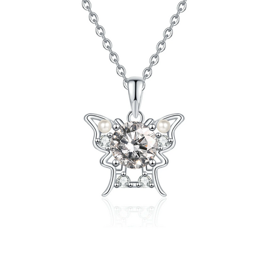 Moissanite Butterfly Pendant Necklace for Women, 1 Carat Moissanite in Center with Pearl Detail