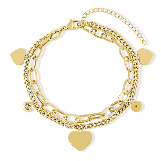 Gold Layered Bracelet for Women Multi Charms Hearts Zirconia 7.5'