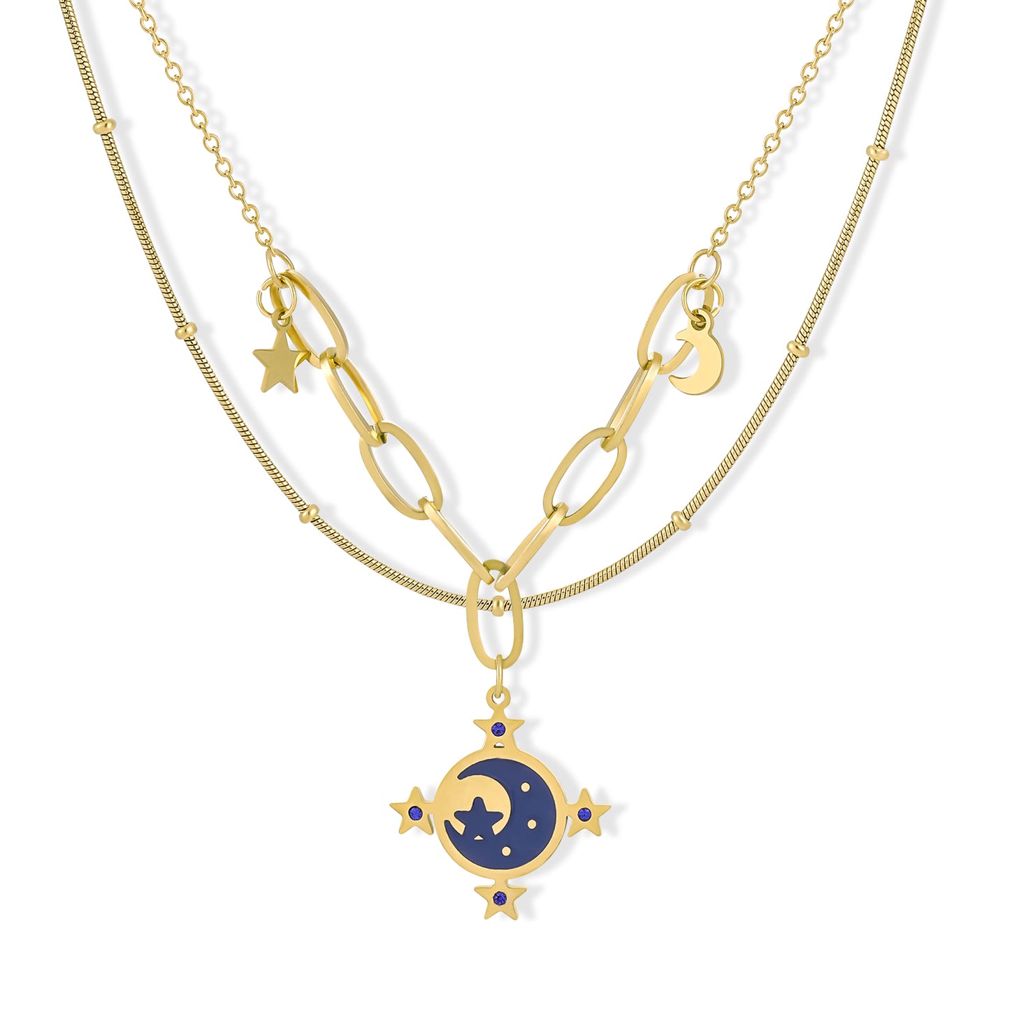 14K Gold Plated Layering Moon and Stars Pendant Necklace for Women