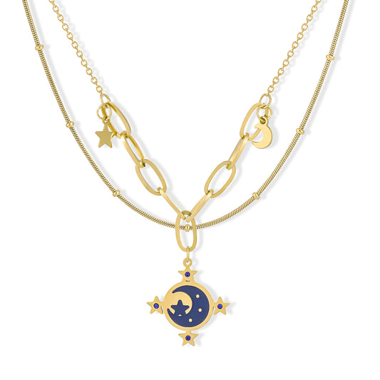 14K Gold Plated Layering Moon and Stars Pendant Necklace for Women