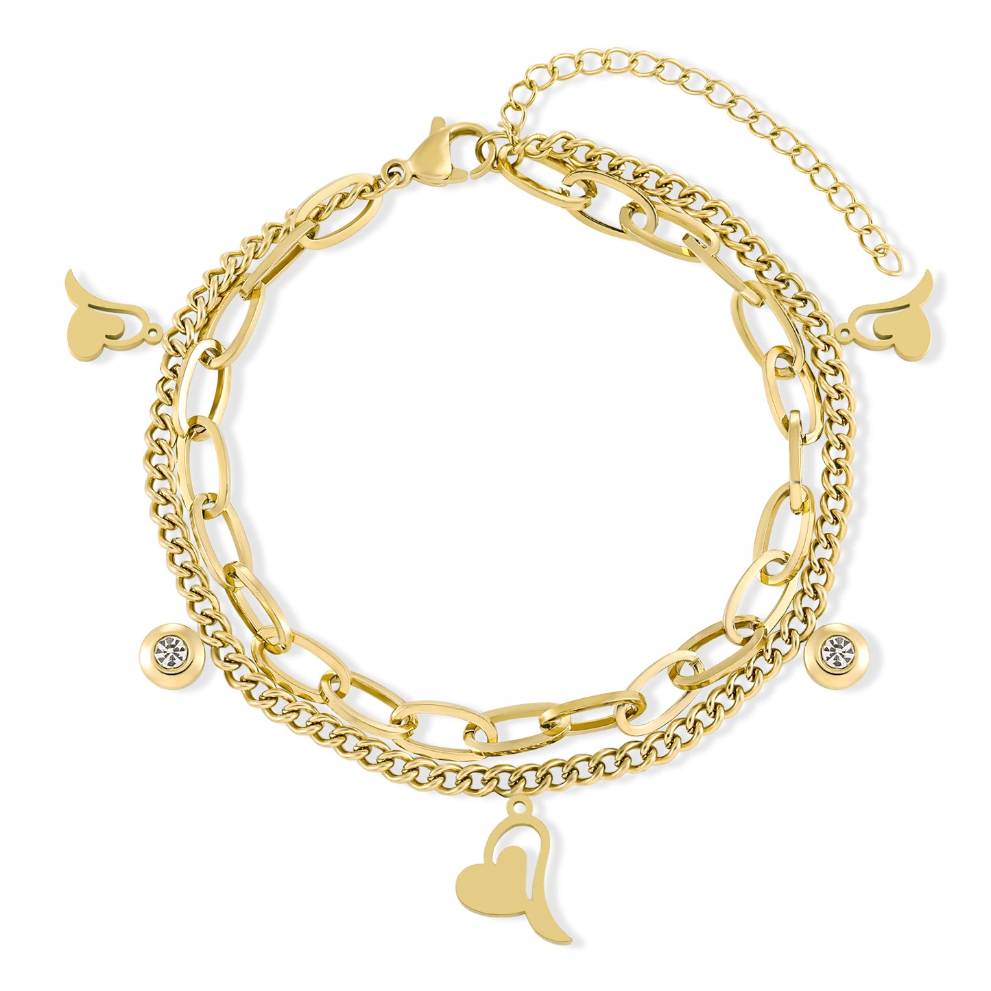 Gold Layered Bracelet for Women Multi Charms Hearts Zirconia