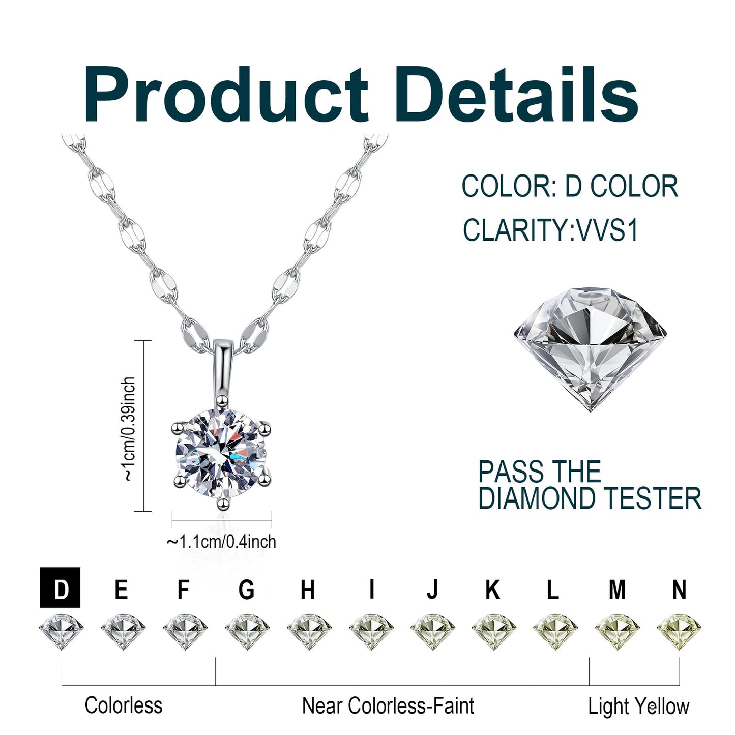 1 Carat Moissanite Pendant for women 925 Sterling Silver Hammered Chain