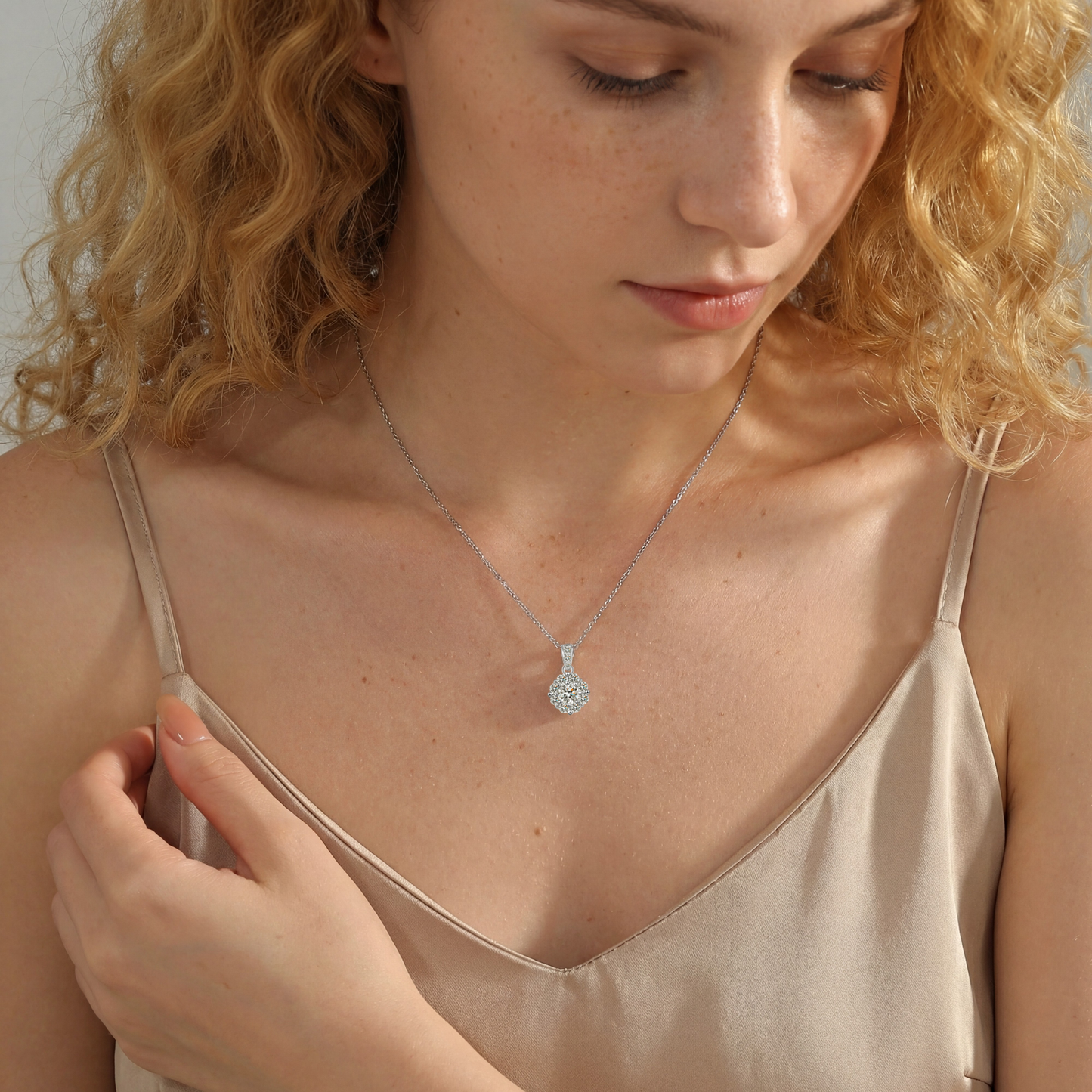 1 Carat Round Center Stone with Halo Dainty Moissanite Necklace for Women