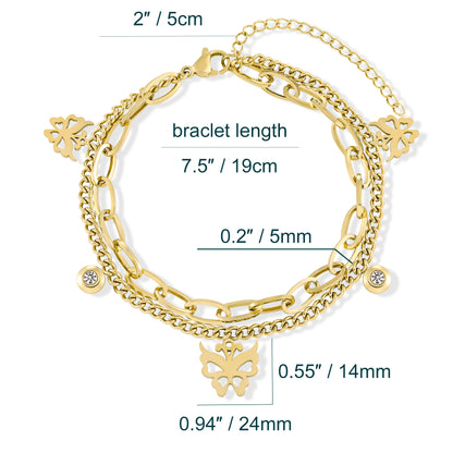 Layered Bracelet for Women Multi Charms | Butterfly Hearts Leaves Zirconia 7.5''