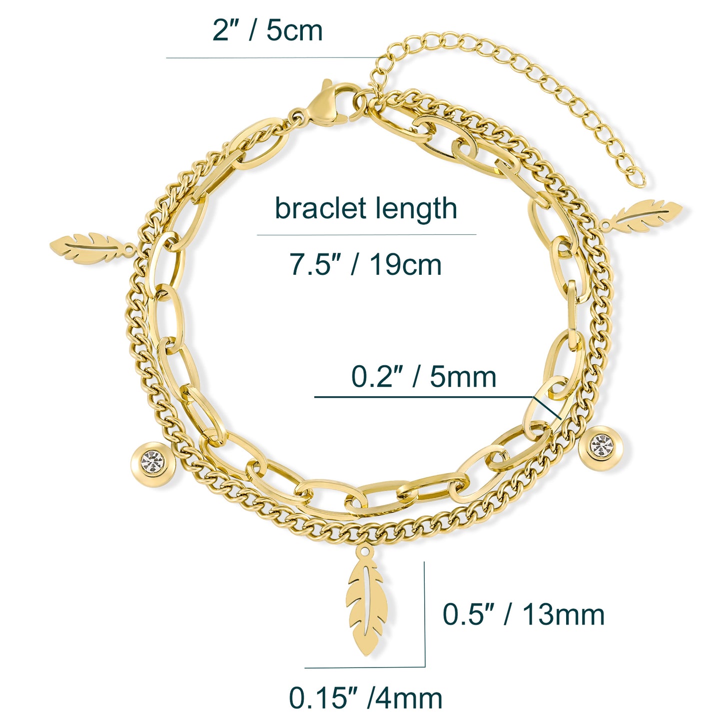 Layered Bracelet for Women Multi Charms Leaves Zirconia 7.5''