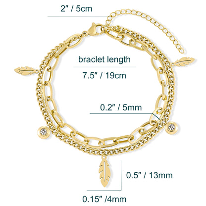 Layered Bracelet for Women Multi Charms Leaves Zirconia 7.5''