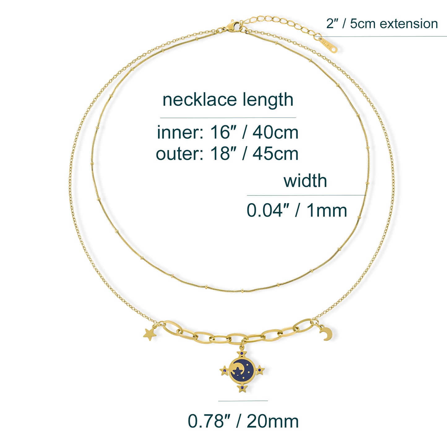 14K Gold Plated Layering Moon and Stars Pendant Necklace for Women