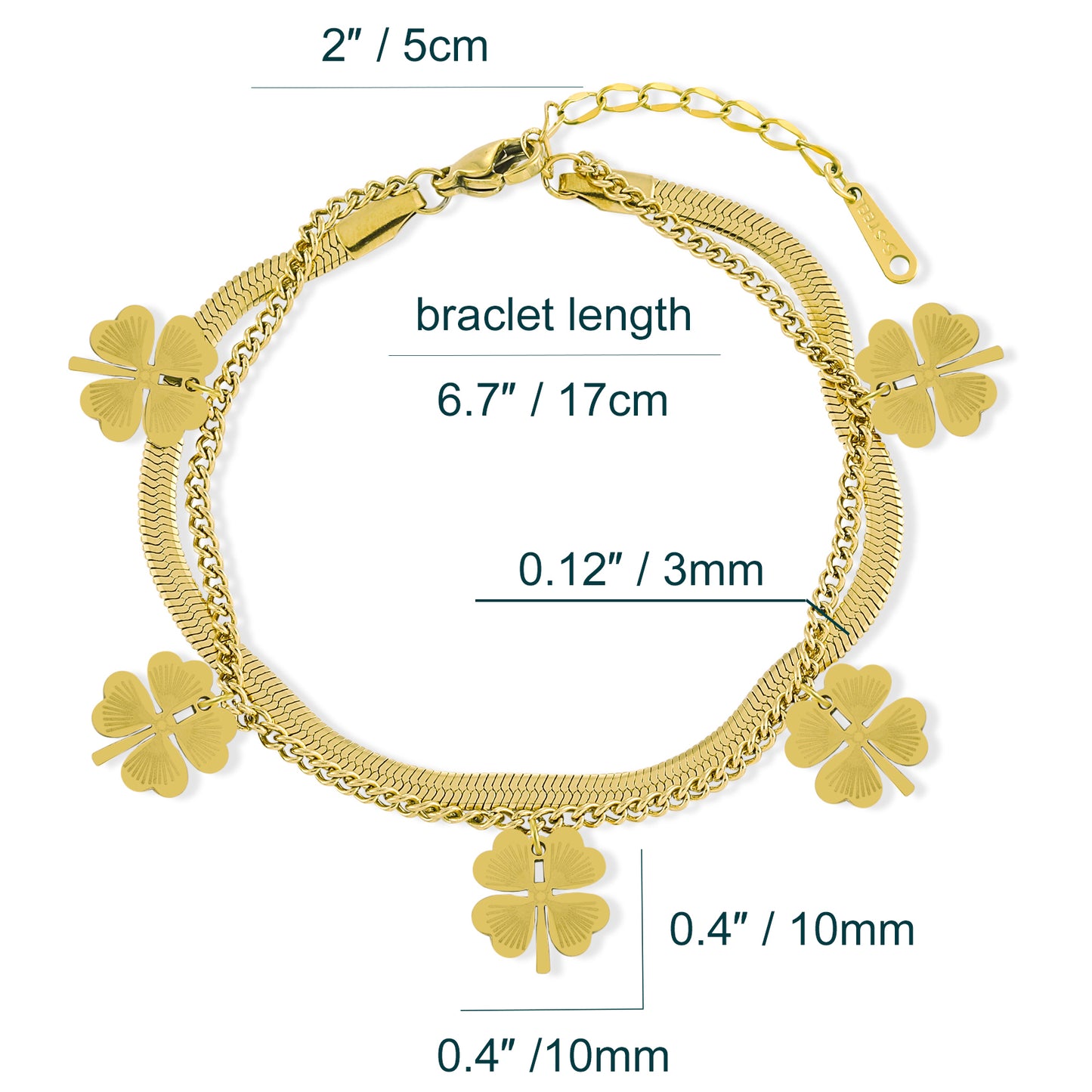 Layered Bracelet for Women Clover Charms 7.5''