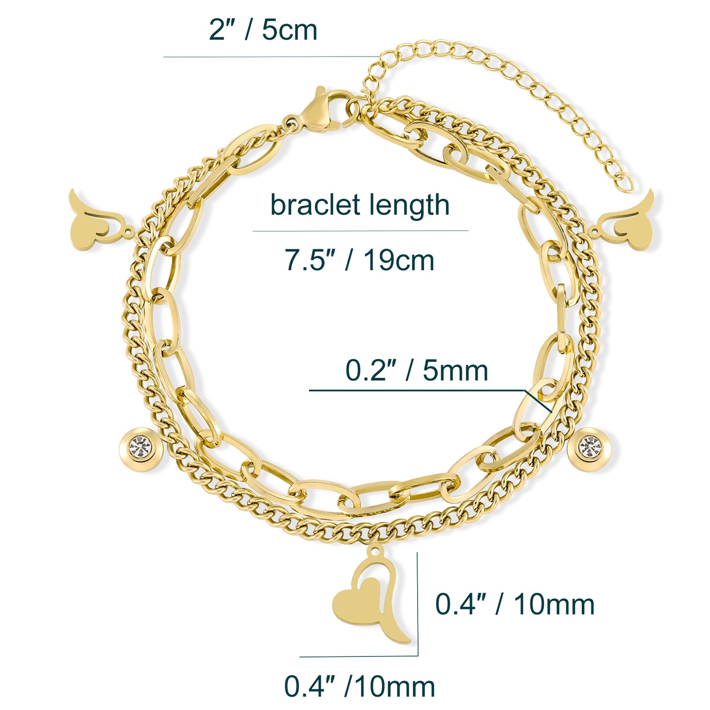 Gold Layered Bracelet for Women Multi Charms Hearts Zirconia